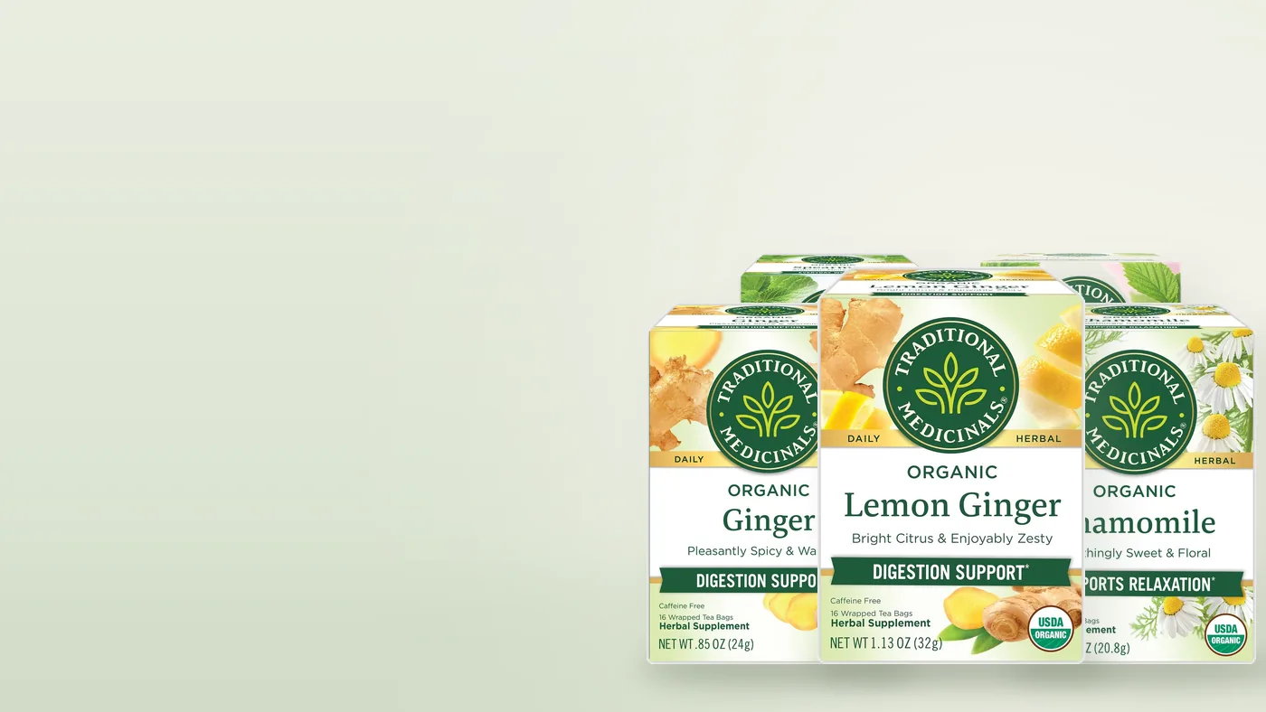 Traditional Medicinals herbal tea boxes