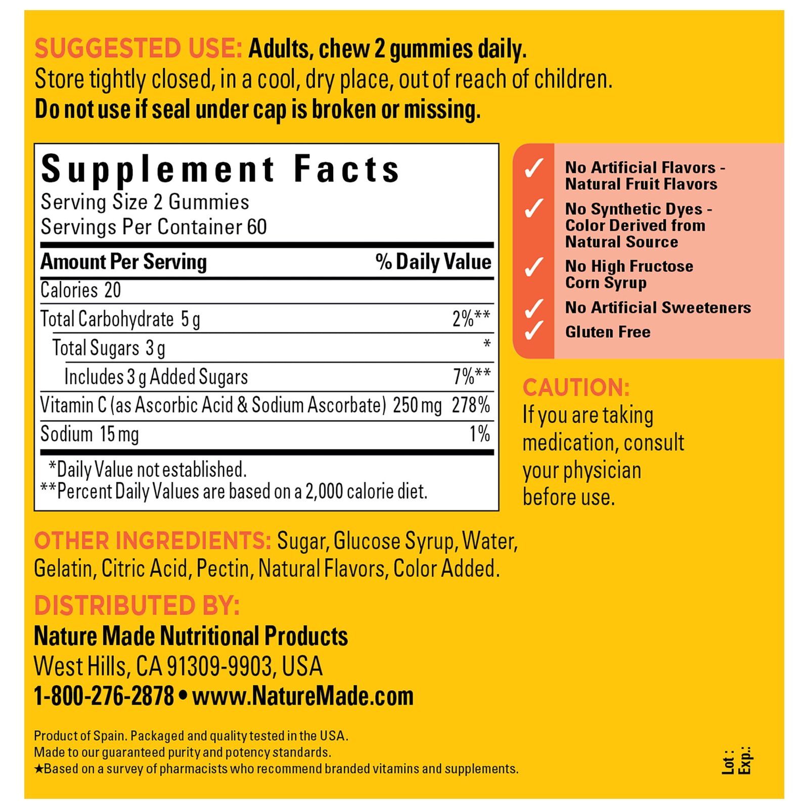 Nature Made Vitamin C 250 mg Per Serving Gummies, Dietary Supplement, 120 Count Exp 05-2026