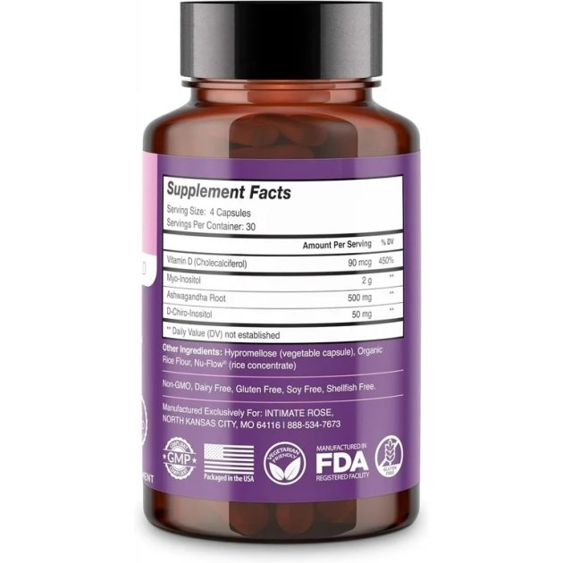 Myo Inositol D Chiro Inositol Blend for Hormonal Balance, PCOS, Fertility & Menstrual Health with Vitamin D3 & Ashwagandha - 30-Day Supply
Inositol Supplement Capsules 2000 mg |Exp - Image 2