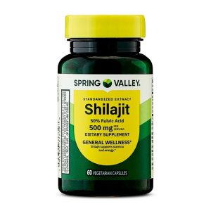 Spring Valley Shilajit 50% Fulvic Acid Dietary Supplement Vegetarian Capsules for General Wellness, 500mg, 60 Count Exp 02-2027