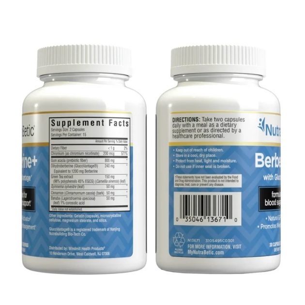 NutraBetic Berberine + Capsules, Natural GLP-1 Activator, Blood Sugar Support, Promotes Weight Management, GlucoVantage, Diabetic Support, Diabetes, 1200 mg Berberine Equivalent, 30 Count Exp 10-2027 - Image 2