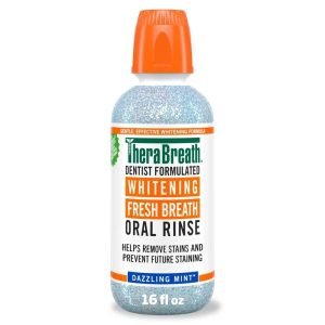 TheraBreath Whitening Alcohol-Free Mouthwash, Fresh Breath Mouthrinse, Dazzling Mint, 16 fl oz Exp 03-2027