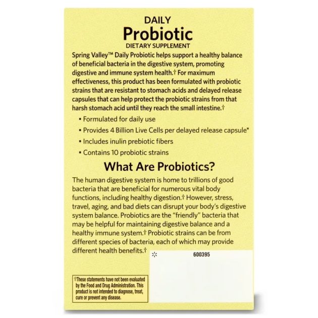 Spring Valley Daily Probiotic Delayed Release Capsules for Digestive Health, 4 Billion Live Cells, 30 Count Exp 10-2025 - Image 2