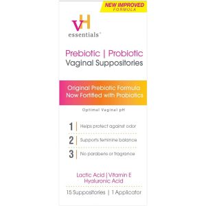 vH Essentials Prebiotic & Probiotic Vaginal Suppositories, pH Balance and Odor Control, Supports Feminine Intimate Health, 15-Count with Applicator. Exp 12-2026