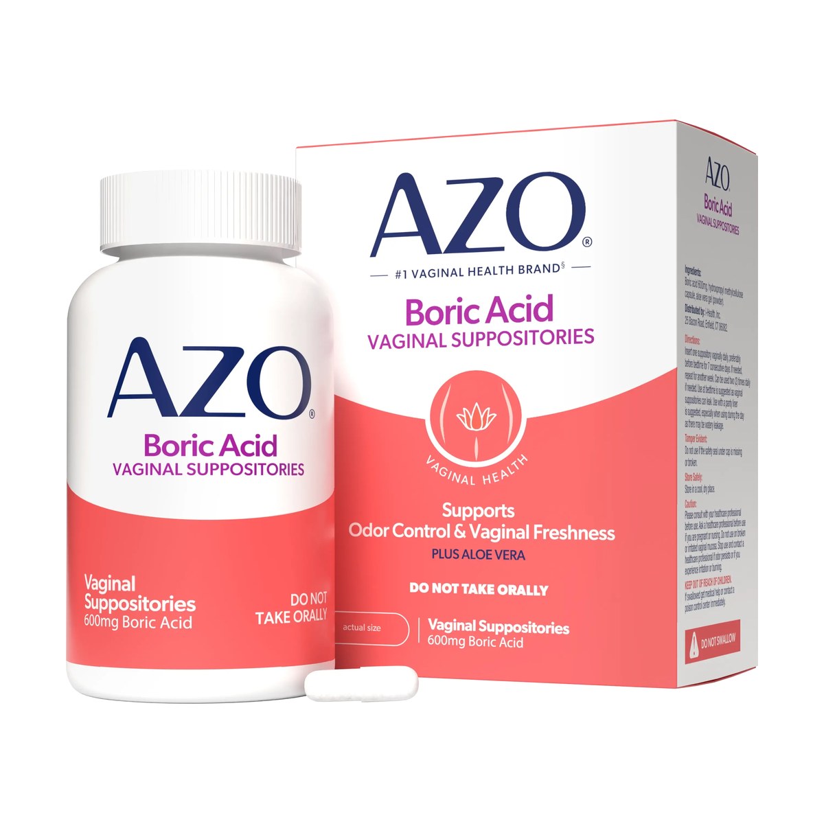 AZO Boric Acid Vaginal Suppositories with Aloe Vera, Supports Odor Control & Freshness Naturally, FSA/HSA Eligible, 14 Count Exp 06-2027