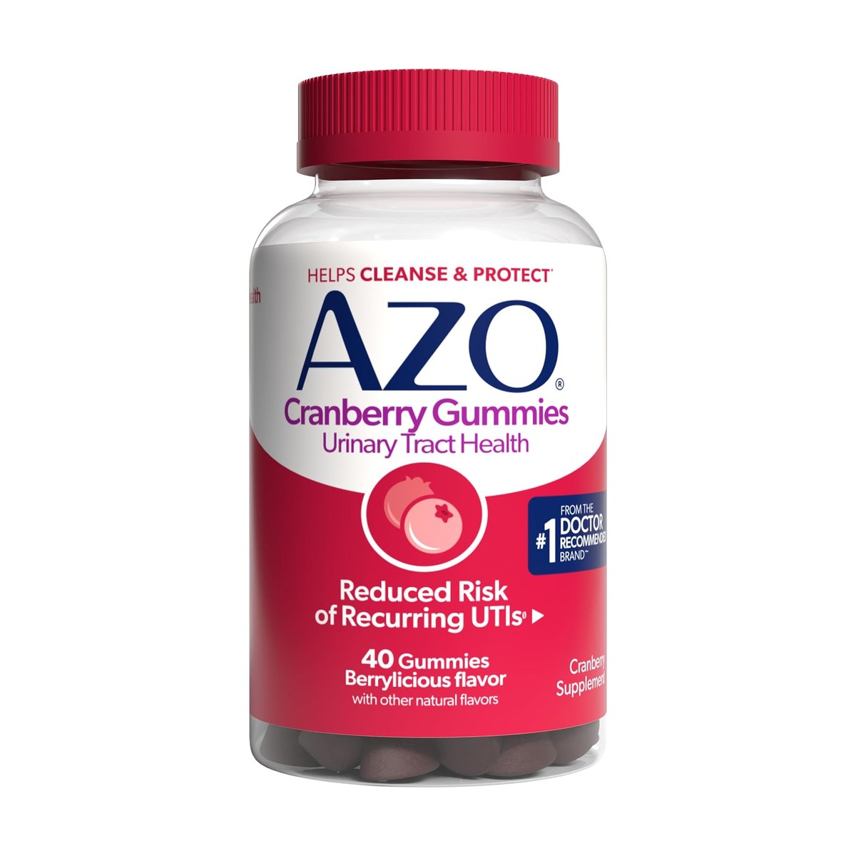 AZO Cranberry Urinary Tract Health Gummies Supplement, Helps Cleanse & Protect for Reduced UTIs, Berrylicious Flavor, 40 Count Exp 11-2026