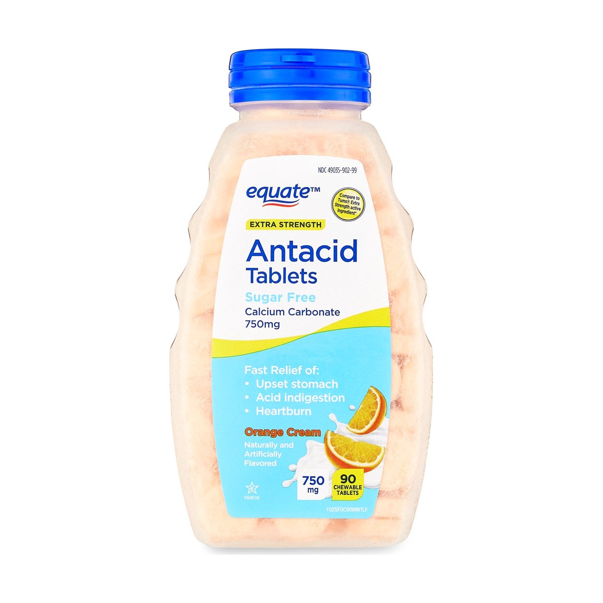 Equate Extra Strength Sugar-Free Antacid Orange Cream Chewable Tablets, 750 mg 90 Count Exp 07-2027