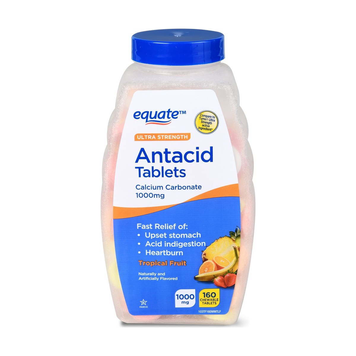 Equate Ultra Strength Antacid Tropical Fruit Chewable Tablets, 1000 mg, 160 Count. Exp 07-2027