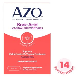 AZO Boric Acid Vaginal Suppositories with Aloe Vera, Supports Odor Control & Freshness Naturally, FSA/HSA Eligible, 14 Count Exp 06-2027