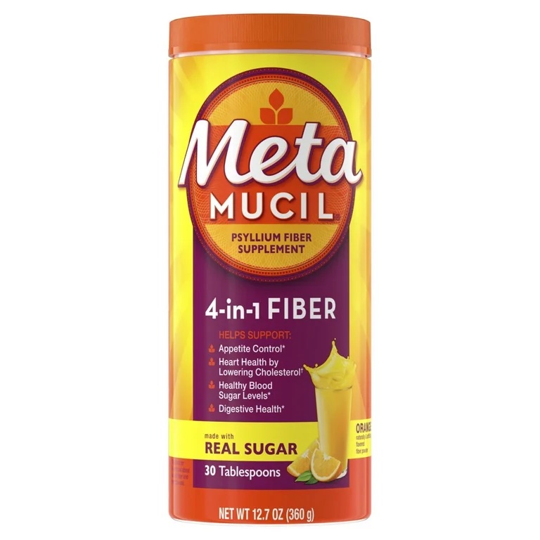 Metamucil Fiber Supplement, Psyllium Husk Fiber Powder, Real Sugar, Orange Smooth Drink, 30 Servings
