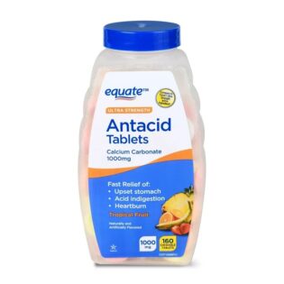Equate Ultra Strength Antacid Tropical Fruit Chewable Tablets, 1000 mg, 160 Count.