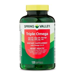 Spring Valley Triple Omega, Fish Oil 800mg, Flax Oil 800mg, and Borage Oil Softgels, Heart Health Dietary Supplement, 120 Count Exp 05-2028