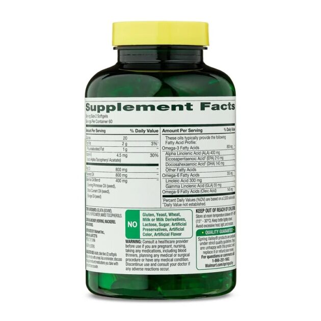 Spring Valley Triple Omega, Fish Oil 800mg, Flax Oil 800mg, and Borage Oil Softgels, Heart Health Dietary Supplement, 120 Count - Image 2