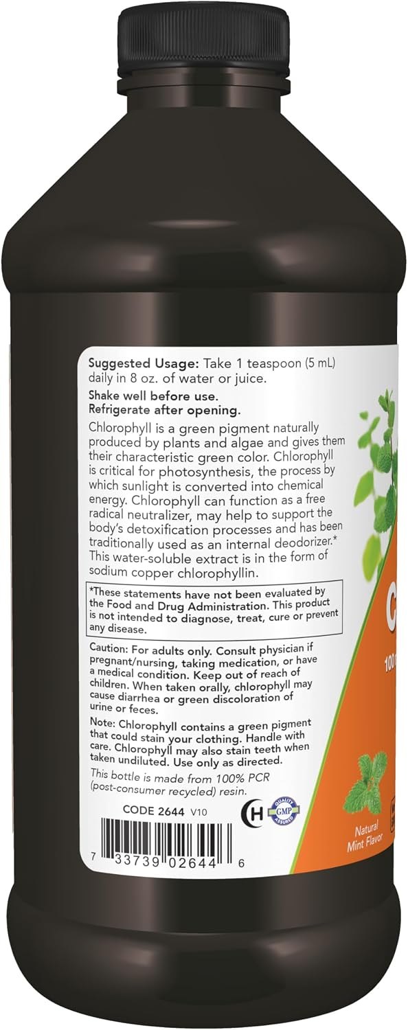 NOW Supplements, Liquid Chlorophyll, Super Concentrated, Internal Deodorizer, Mint Flavor, 16-Ounce Exp 06-2029