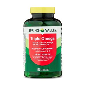 Spring Valley Triple Omega, Fish Oil 800mg, Flax Oil 800mg, and Borage Oil Softgels, Heart Health Dietary Supplement, 120 Count Exp 05-2028