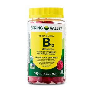 Spring Valley Vitamin B12 Supplement Vegetarian Gummies for Metabolism Support, Raspberry Flavor, 500 mcg, 100 Count Exp 06-2027