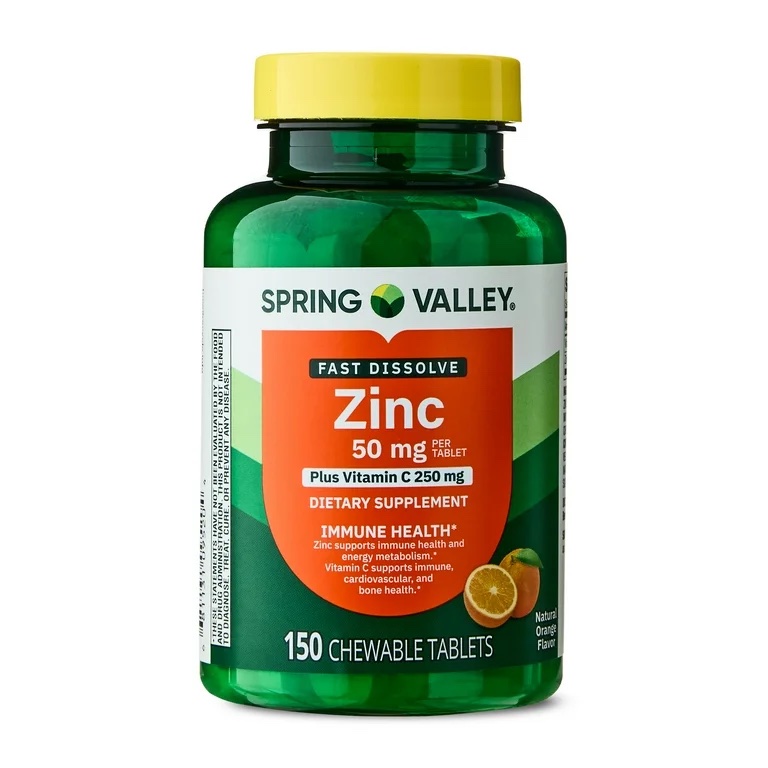 Spring Valley Fast Dissolve Zinc with Vitamin C Chewable Tablets for Immune Health, Orange Flavor, 150 Count (Packaging May Vary) Exp 01-2027