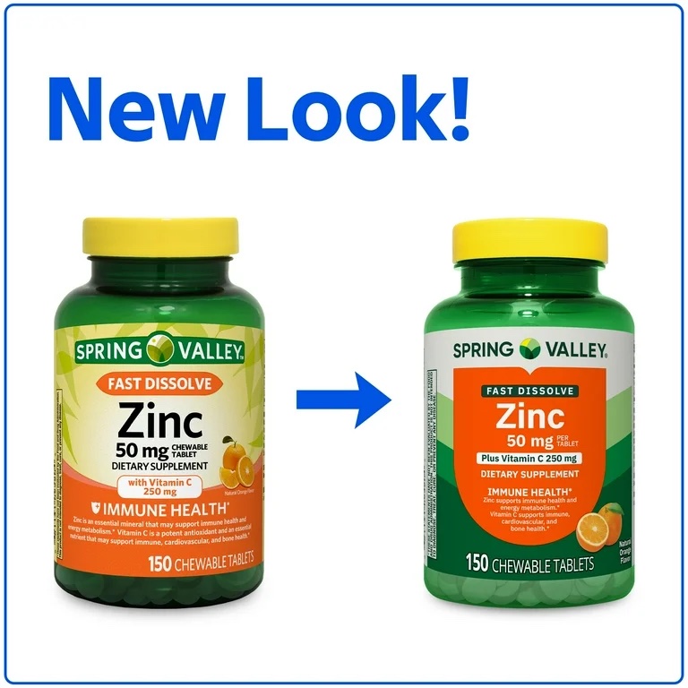 Spring Valley Fast Dissolve Zinc with Vitamin C Chewable Tablets for Immune Health, Orange Flavor, 150 Count (Packaging May Vary) Exp 01-2027 - Image 2